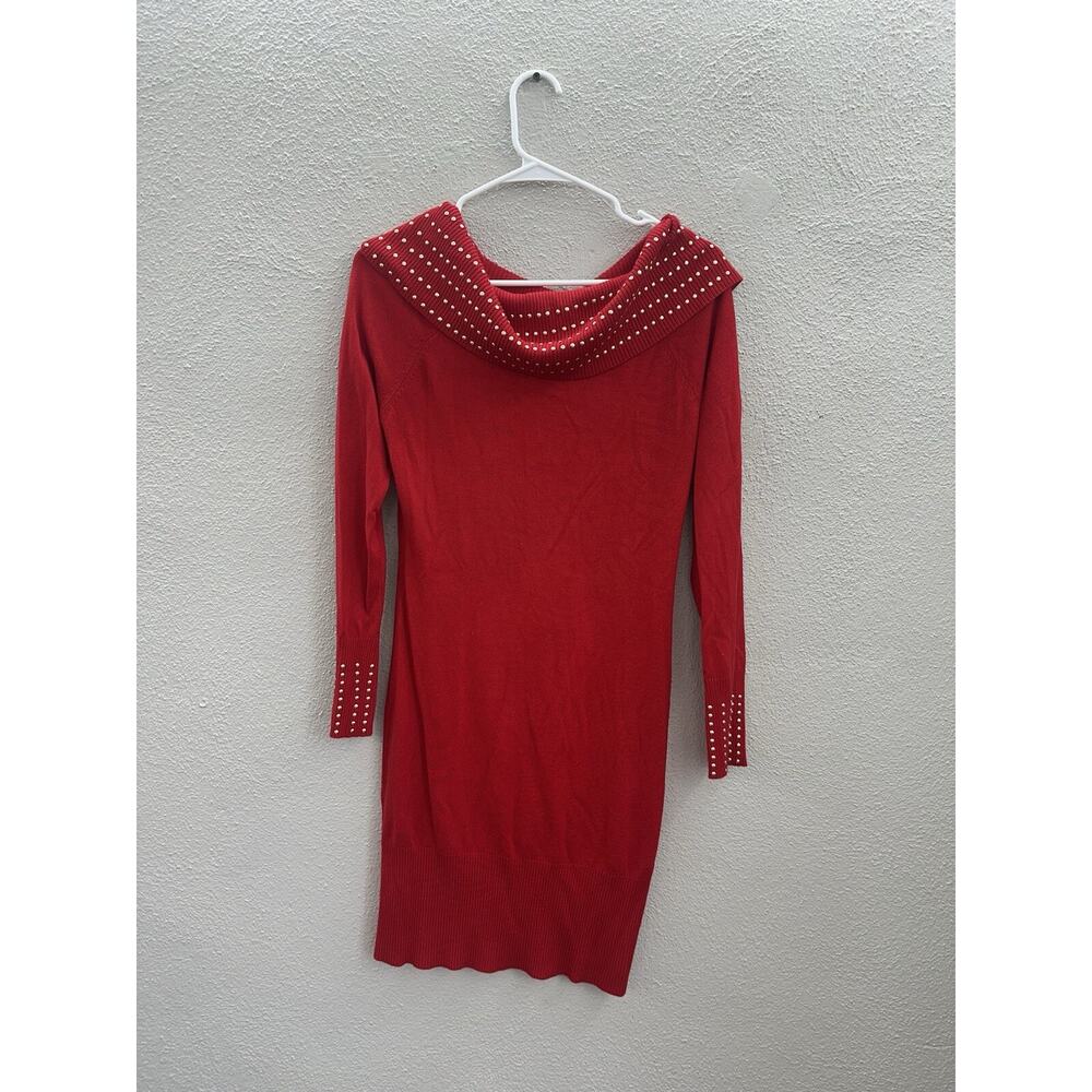 Say What? Womens Dress Size Medium Red Long Sleeve Gold Studded Off the Shoulder